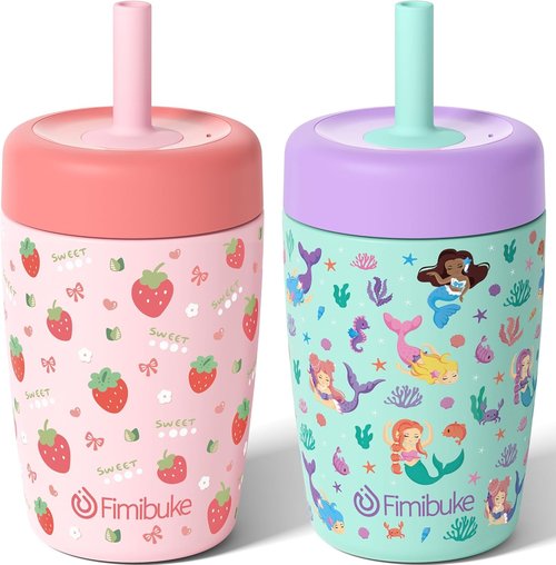 Fimibuke Kids Sippy Cups - Spill Proof 12 OZ Insulated Tumbler Set for Boys & Girls | BPA-Free, Stainless Steel with Silicone Straw, 2 Pack