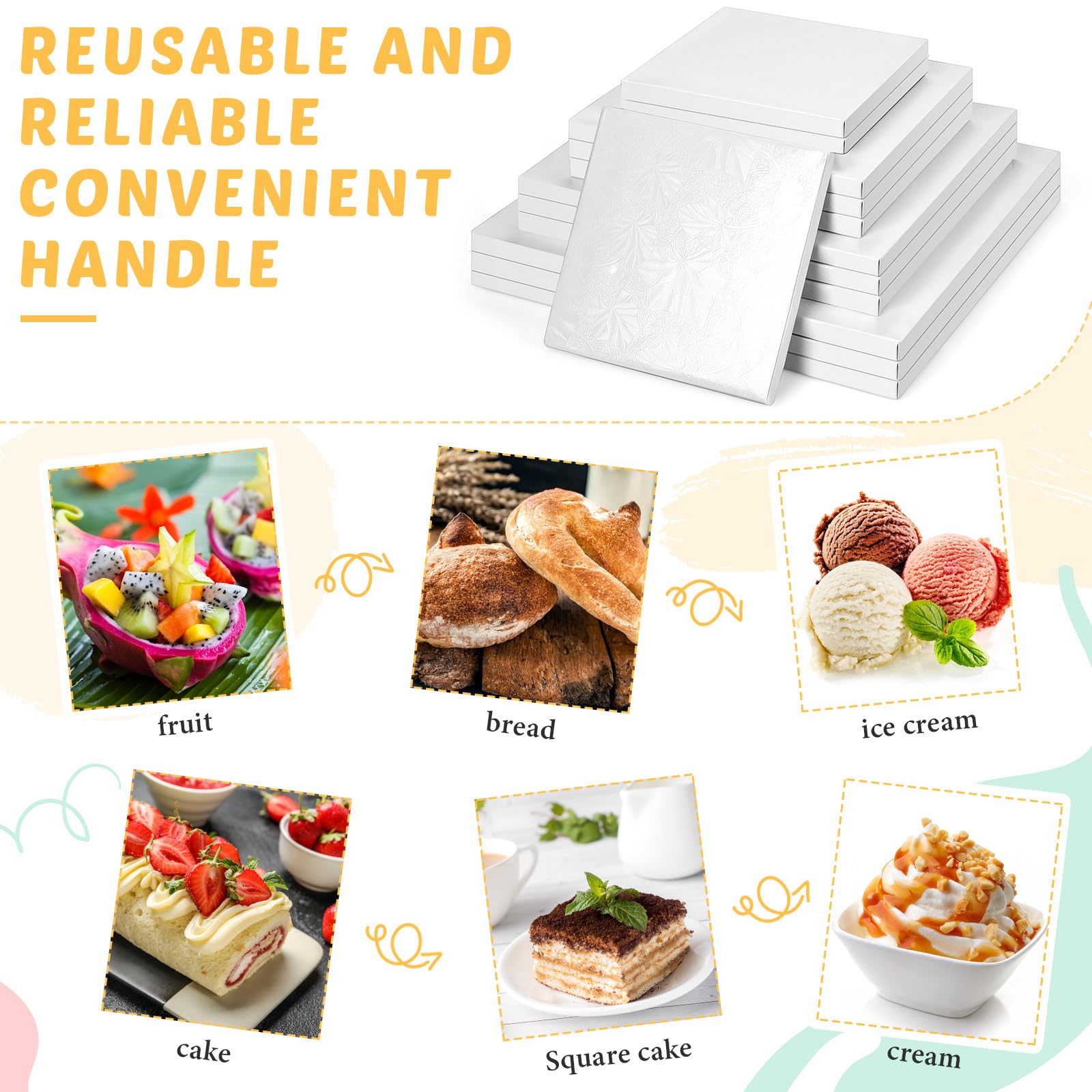 Baderke 12 Pcs White Square Cake Drums Assorted Size 6/8/10/12 Inch, 1/2 Inch Thick Square Cake Board Drum Fully Wrapped Foil for Christmas Baking Desserts Pastries, White Leaf Style