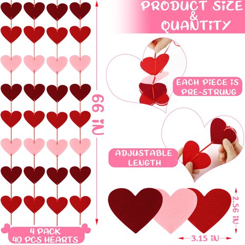 4 PCS Valentines Garland, Pre-Assemble Valentines Banner, Red, Pink, and Burgundy Galentines Day Decorations, Hanging Heart Banner for Romantic Anniversary Wedding Birthday Party Decorations