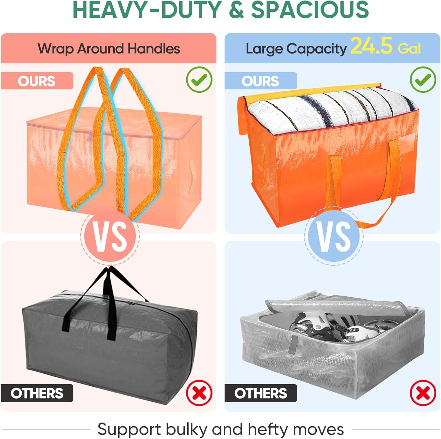 BALEINE Oversized Moving Bags - Heavy-Duty Storage Totes with Reinforced Handles | 4-Pack, Orange