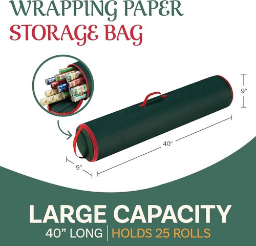 Elf Stor Wrapping Paper Storage Bag - 40-Inch Gift Wrap Organizer - Holds 25 Rolls - Green Christmas Storage