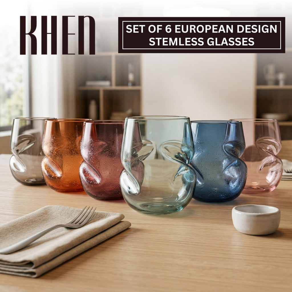 Khen Unbreakable Aerating Stemless Wine Glasses - European Tritan Plastic Wine Glass Set with Finger Indentations - Set of 6-13 oz - Acrylic Reusable, BPA Free, Naturally Aerates Wines