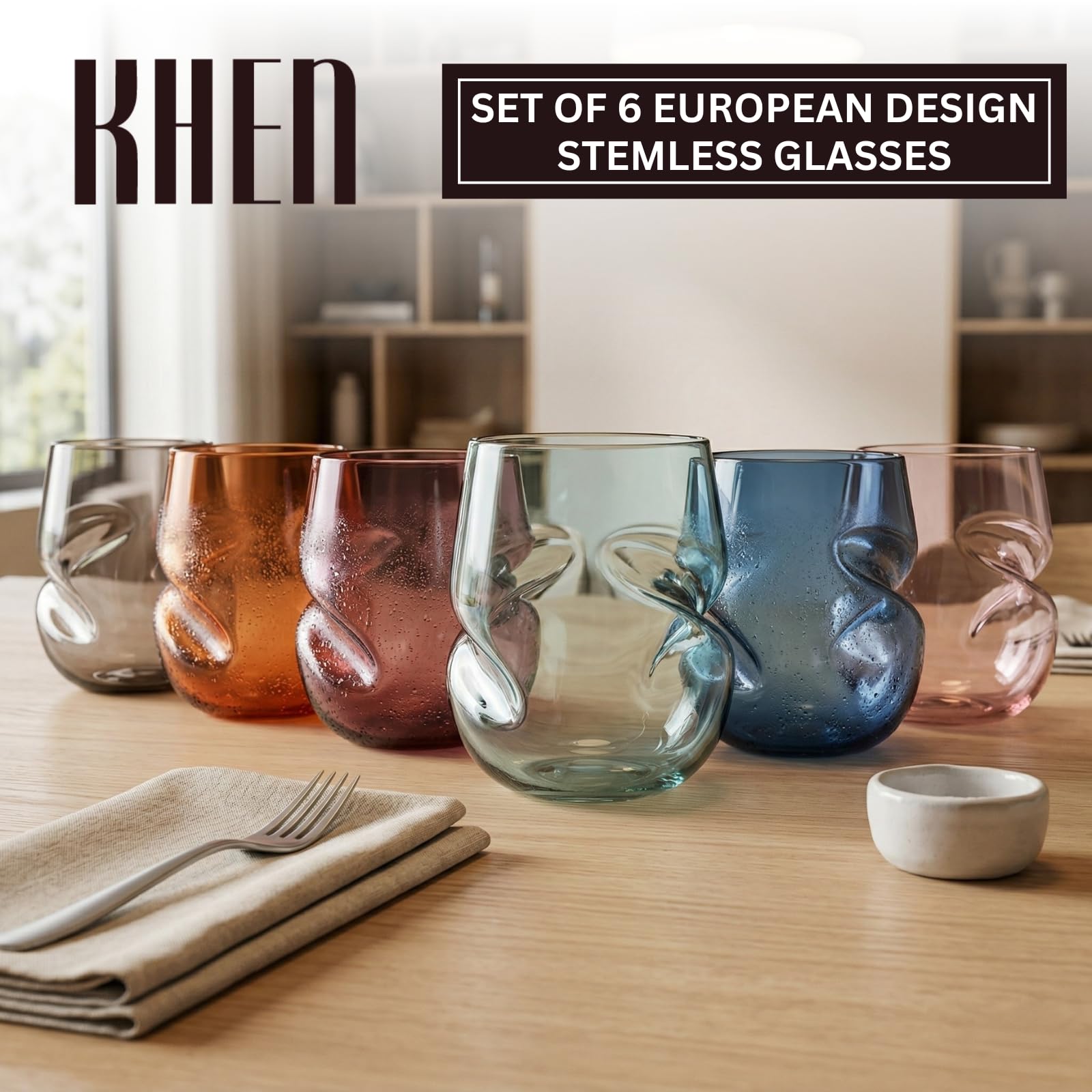 Khen Unbreakable Aerating Stemless Wine Glasses - European Tritan Plastic Wine Glass Set with Finger Indentations - Set of 6-13 oz - Acrylic Reusable, BPA Free, Naturally Aerates Wines