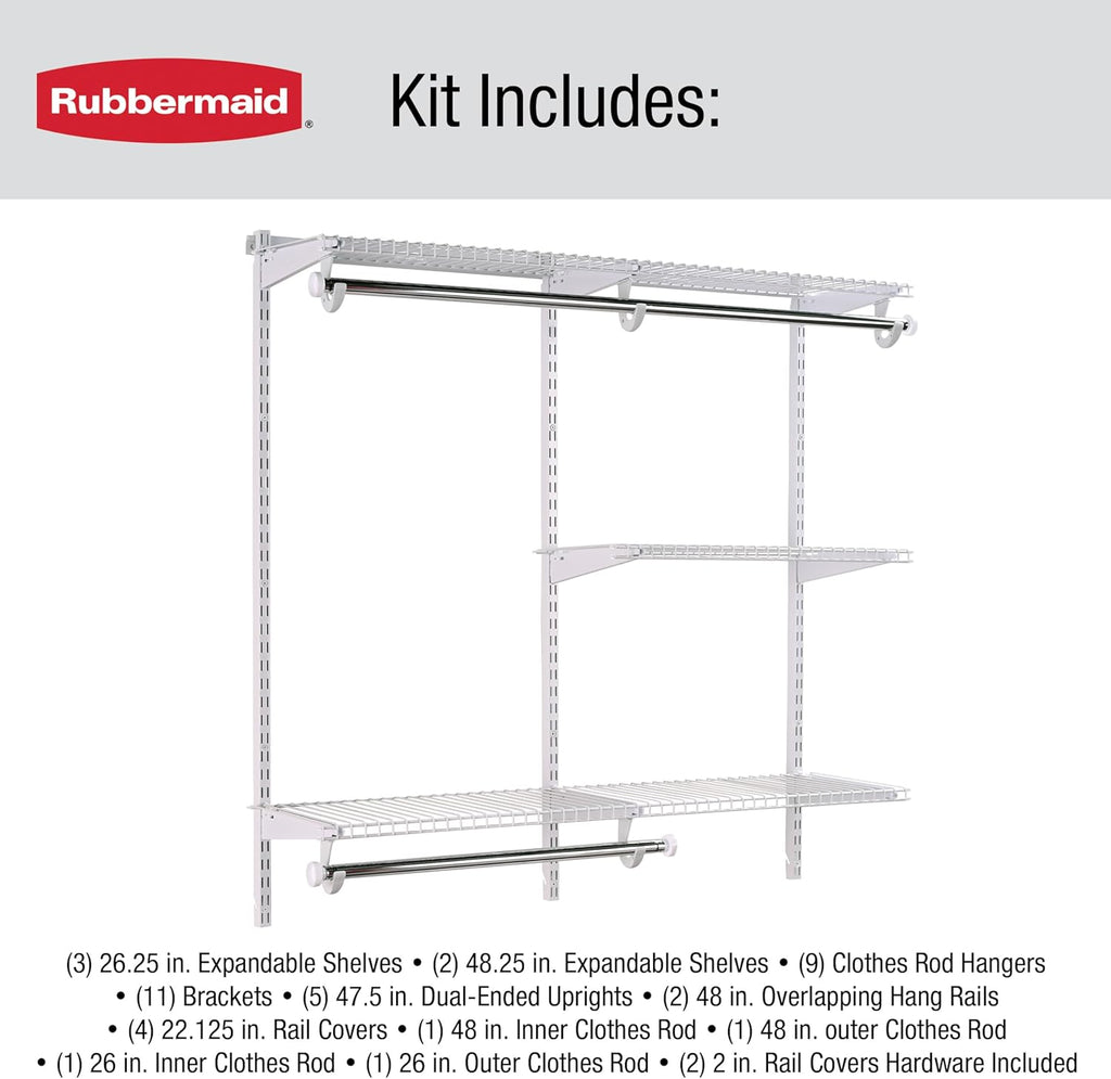 Rubbermaid Configurations Custom Closet Kit - Adjustable 4-8 Ft. Metal Wire Shelving | White Finish, Complete Organization System