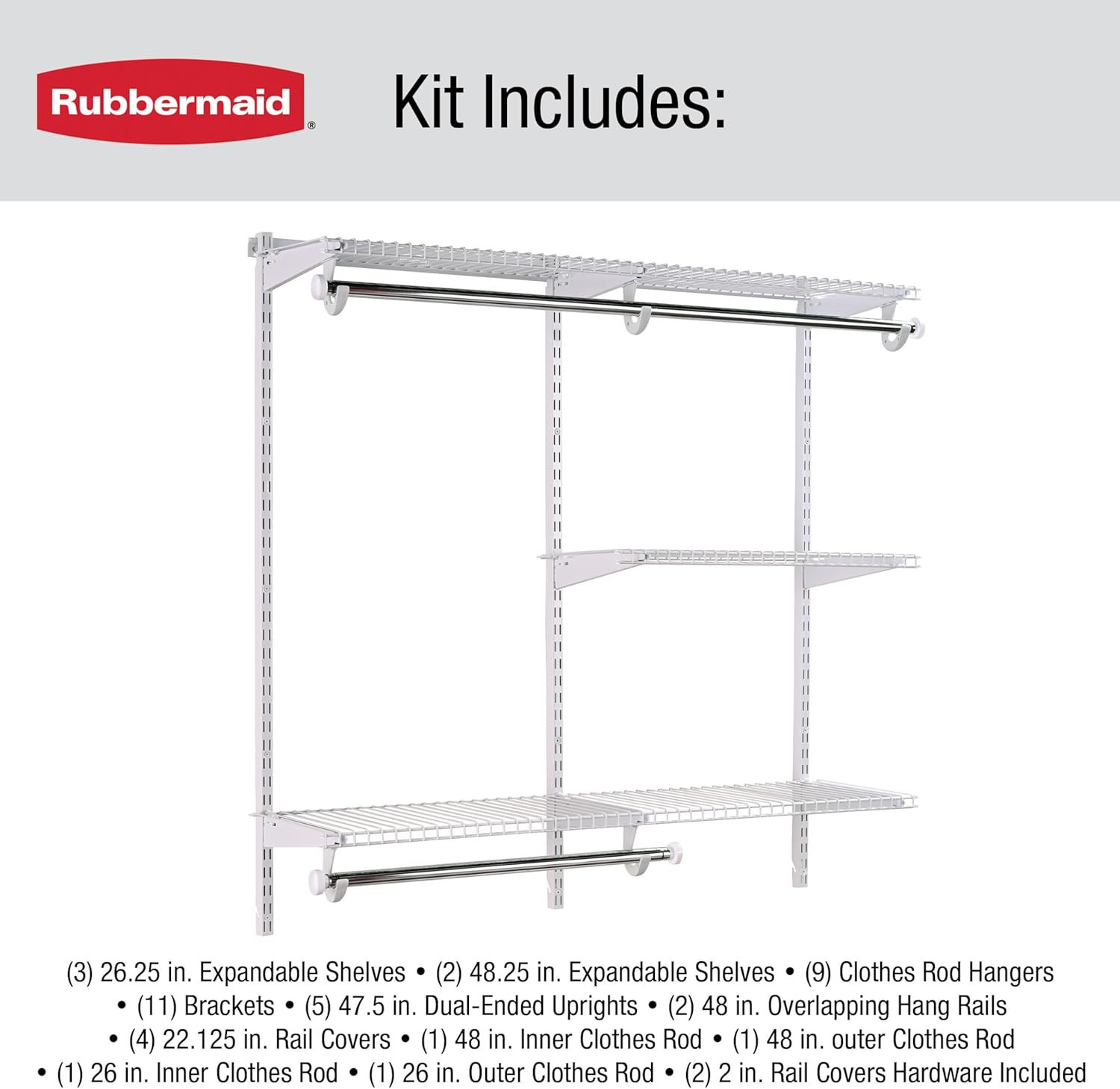 Rubbermaid Configurations Custom Closet Kit - Adjustable 4-8 Ft. Metal Wire Shelving | White Finish, Complete Organization System