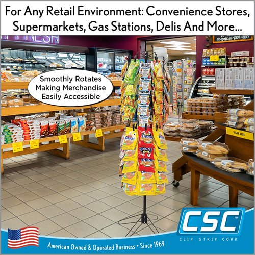 Clip Strip Free Standing Spinner Retail Display Rack Corp, 68.5" H,108 Total Clips, 4" Top Wire Sign Holder, 12 Rotating Rods each w/ 9 Heavy Duty Genuine Coil Spring Clips, 24" W Base, Black