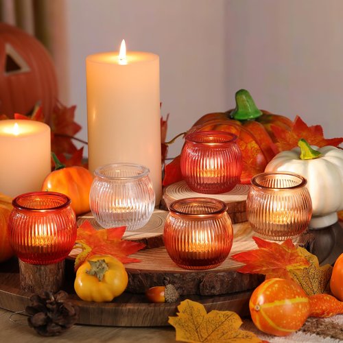 20pcs Pumpkin Votive Candle Holders with 20pcs Tea Light Candles, 5 Colors Tealight Candle Holders for Fall Table Decorations, Glass Candle Holder for Thanksgiving, Home, Party Decoration