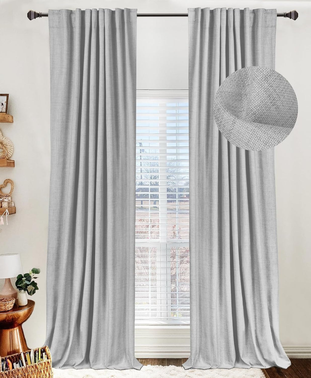 Skiennix 100% Blackout Linen Curtains - Thermal Insulated Drapes for Bedroom | 84" Long, Grey, 2 Panels Set