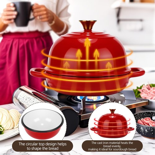 Reallnaive 8 Pcs Enameled Bread Dutch Oven with Lid for Sourdough Baking Oven Enameled Cast Iron Dutch Pot with Bread Proofing Basket Baking Supplies Set for Kitchen Homemade Roasting(Red,5 Quart)