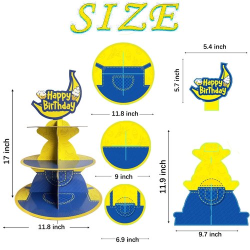 Terasilian Cartoon Yellow 3-Tier Cupcake Stand for 24 Cupcakes Yellow Cupcake Stand for Birthday Party Supplies Cupcake Dessert Stand Cupcake Toppers for Party Decorations