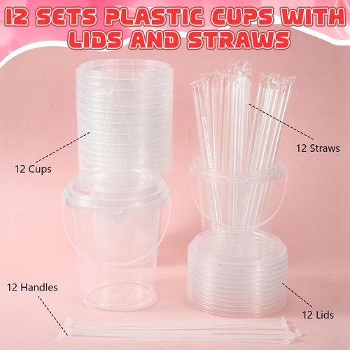 Funnymoom 12 Sets 34 oz Valentine's Day Plastic Drink Buckets with Lid and Straws with Valentines Day Stickers Clear Drink Cup Disposable Cocktail Rum Buckets Reusable for Party Favors Prize
