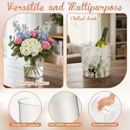 FillTouch 24 Pcs Plastic Ice Bucket 6 Liter Clear Ice Drink Wine Cooler for Wedding Large Champagne Beer Buckets Beverage Tub Soda Chiller for Party Bar Flower Vase Trash Can (Glitter Gold)