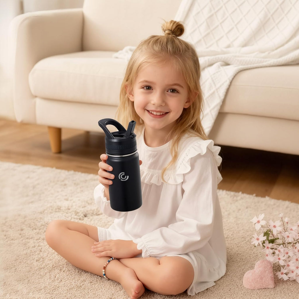 Skiennix 14 Oz Kids Water Bottle - Insulated Stainless Steel, Leak-Proof & BPA-Free | Black