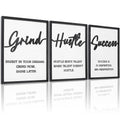 3D Wood Inspirational Office Wall Decor, 36" x 16" Framed Grind Hustle Success Motivational Wall Art, Positive Quotes Wall Art for Home Office Bedroom (Ready to Hang, Set of 3, Framed)