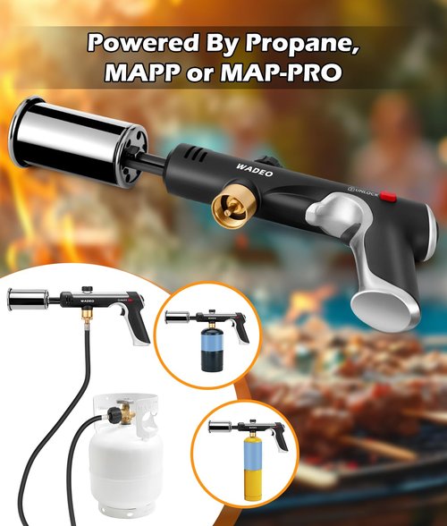 Powerful Propane Torch Gun with One-Touch Max Fire, Adjustable Flame Thrower Torch Charcoal Wood Campfire with Safety Lock, Cooking Blow Torch for Searing Steak, BBQ, Grill, (Tank Not Included)
