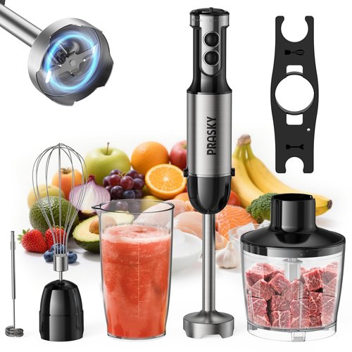 Immersion Blender Handheld Hand Blenders, 20 Speed & Turbo Mode Hand Held Blender, Heaviest Duty Copper Motor, Stainless Steel Blades, Milk Frother Wand, Whisk, 600ml Beaker, 500ml Chopper (Silver)