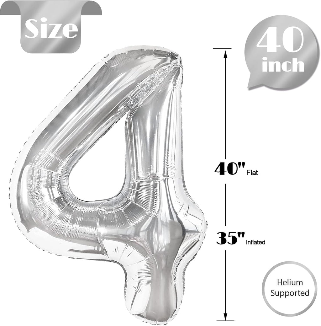 Number 4 Balloon - 40 Inch Silver Foil Balloon for 4th Birthday Party Decorations