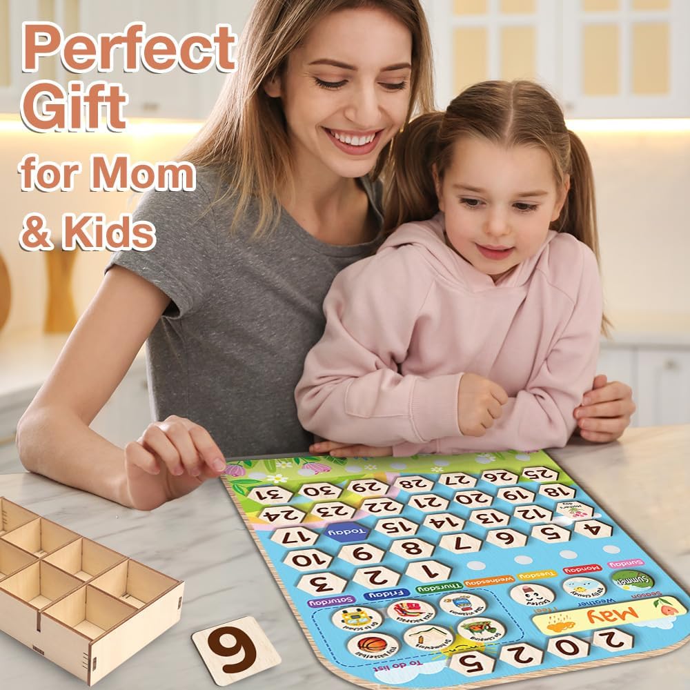 Skiennix Interactive Wooden Calendar for Kids Ages 3+ | Teach Seasons & Daily Activities (12 x 15 Inches)