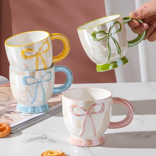 VABILNIY]Ceramic Coffee Mug with Bow Design, 13.5 fl oz Cute Coffee Cup with Spoon, Pink Tea Cup for Hot & Cold Drinks, Gift for Women, Family and Friends