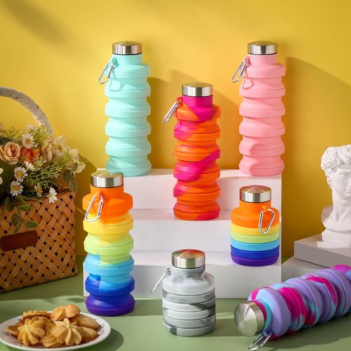 Sunnyray Collapsible Water Bottles Bulk Foldable Water Bottles 17oz Silicone Portable Leak Proof Reusable Sports with Clip for Travel Hiking Camping Outdoor(Tie-dye,20 Pack)