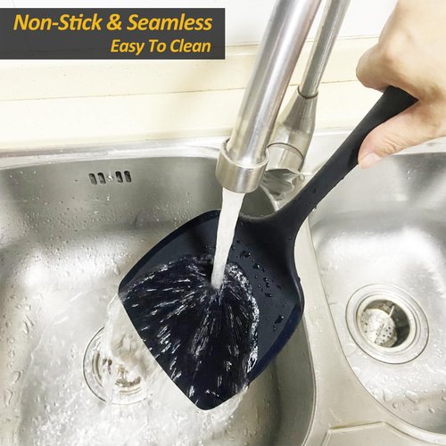 Silicone Pancake Spatula Turner with Lengthened Handle& Seamless Design, Heat Resistant Cooking Spatulas for Nonstick Cookware, Large Flexible Kitchen Utensils, Flipper for Egg, Pancake, Burger, Black