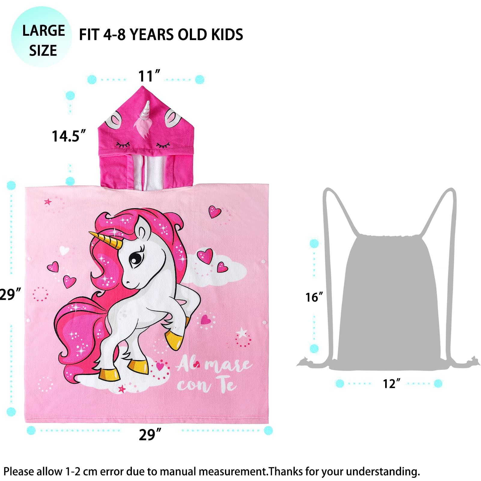 NovForth Kids Beach Towel for Boys Girls, Pink Unicorn Hooded Bath Towel Wrap, Toddler Pool Towel with Hood