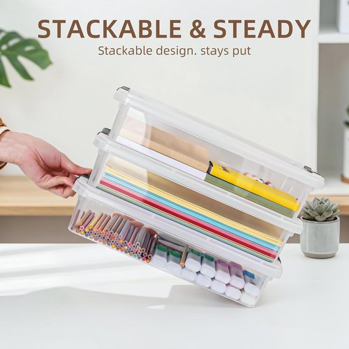 Citylife 3 PCS Clear Plastic Storage Bins - Stackable Organizing Containers with Latching Lids for A4 Paper & Photos