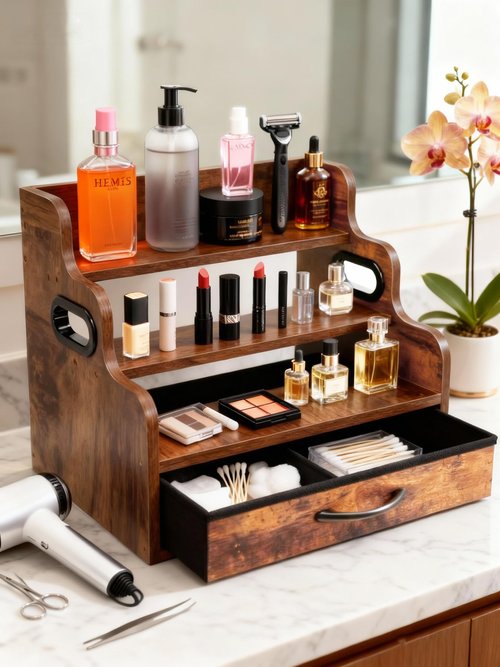 BoyTwimb Liquor Bottle Display Shelf 3 Floors with Drawers Countertop Wine Rack can Accommodate 12 Bottles and 36 K Cups, Minibar Coffee Syrup Storage Box, Whiskey