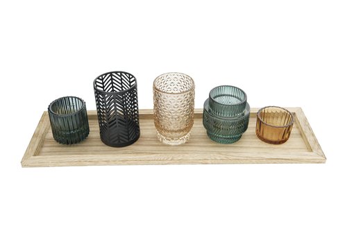 Bloomingville 5-Piece Embossed Glass and Metal Tealight Candle Holders in a Wood Tray, Multicolor