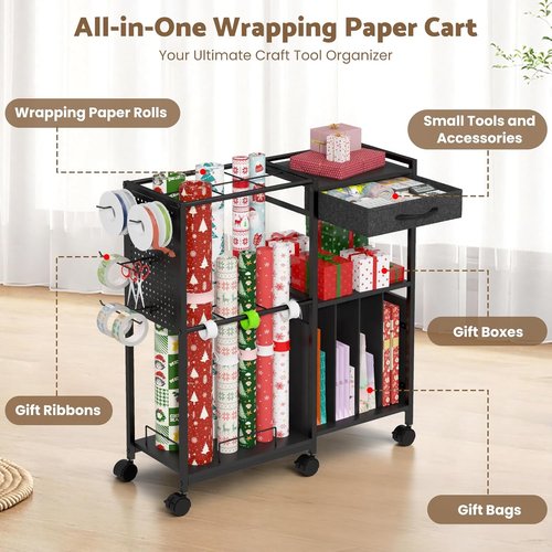 Kikihouse Gift Wrap Organizer Cart - Rolling Storage Station with 12PCS Slap Bands & Hooks | Black