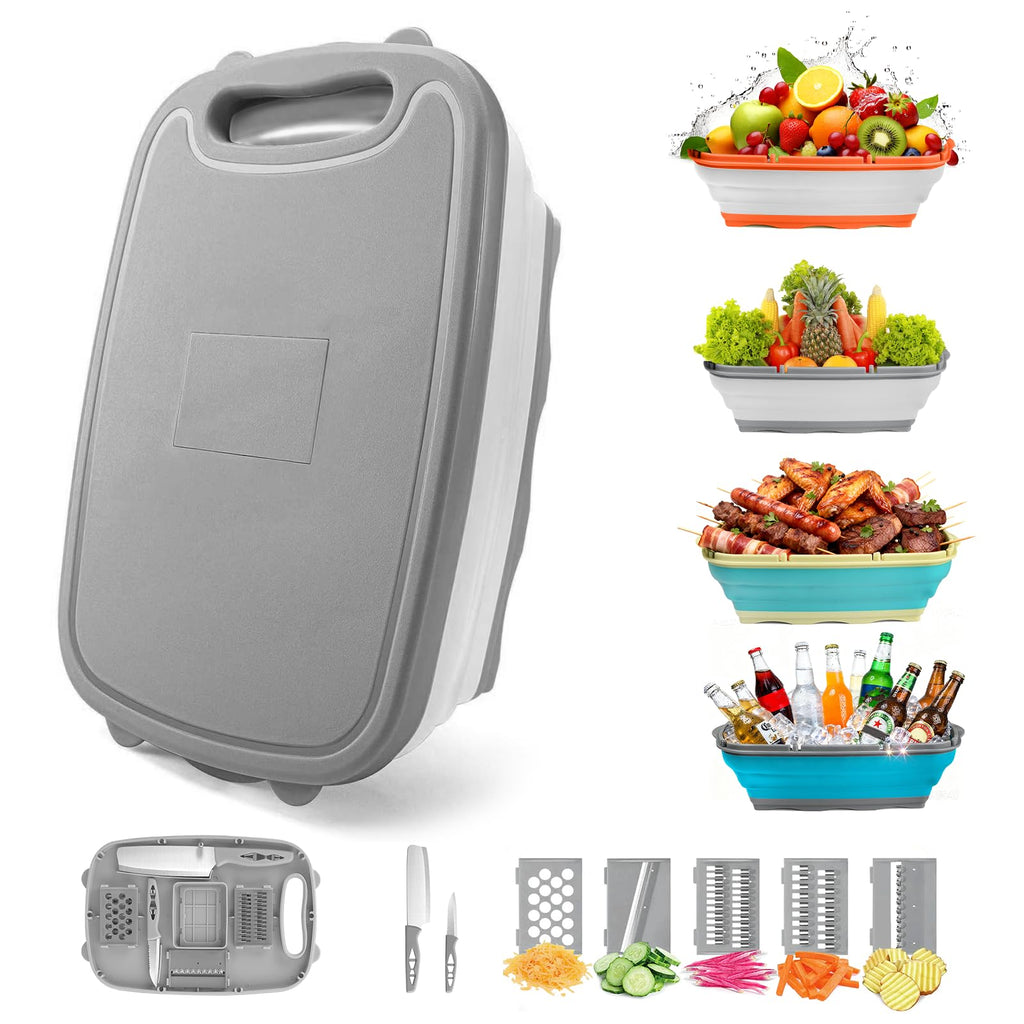 Gintan Camping Cutting Board, 9-in-1 Collapsible Chopping Board with Colander, Outdoor-Kitchen Vegetable Washing Basket for Campers, Camping Gifts Camping Accessories for RV Campers (Gray)