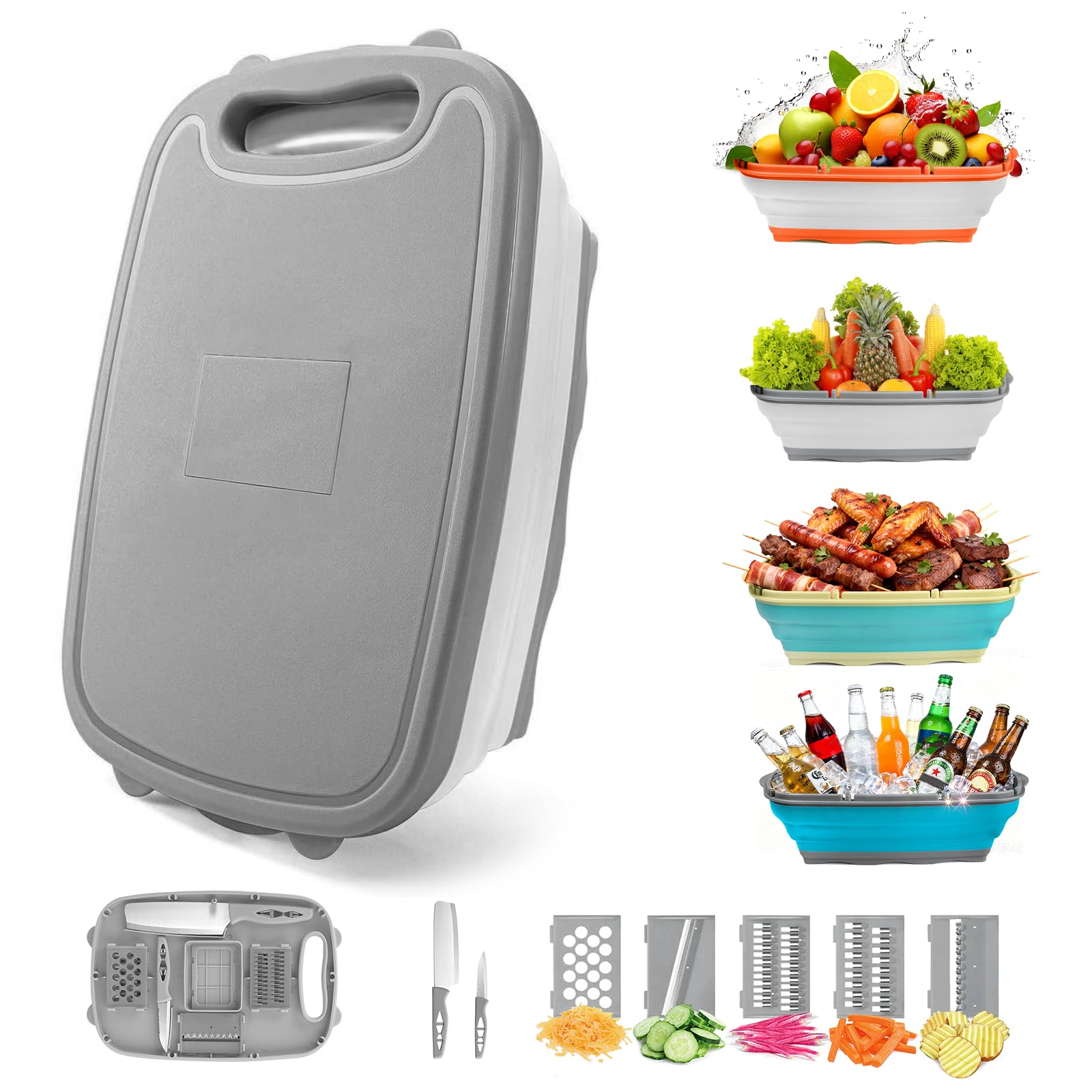 Gintan Camping Cutting Board, 9-in-1 Collapsible Chopping Board with Colander, Outdoor-Kitchen Vegetable Washing Basket for Campers, Camping Gifts Camping Accessories for RV Campers (Gray)