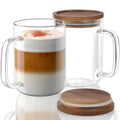 DRASTAR Glass Coffee Cups, 20 oz Large Coffee Mugs, Flat Bottomed Cups with Acacia Wood Lid, Glass Tea Cup with Handle, ClearTea Cup Set of 2