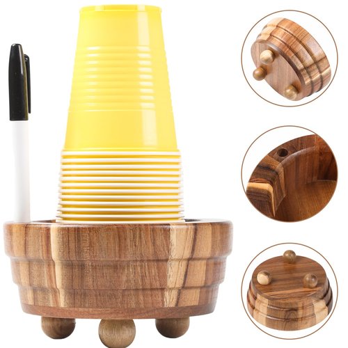 Acacia Wood Cup Holder with Marker Slot, Paper Cup Storage Box Mark Your Cup and Drink Up, Rustic Disposable Cup Dispenser for Party Bar Kitchen Bathroom