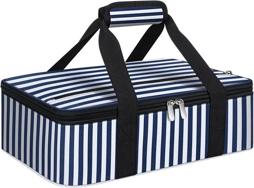 Insulated Casserole Carrier by [Brand Name] - Portable Hot & Cold Food Tote for Potluck Parties | Fits 9" x 13" Baking Dish - Blue Stripes