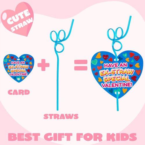 JOYIN 28 Pack Valentines Day Gift Cards with Gift Colorful Crazy Loop Reusable Drinking Straws for Classroom Exchange Prizes, Valentine Party Favors Toy