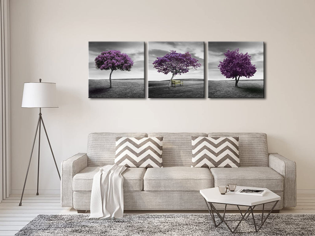 Pyradecor 3 Panels Purple Trees Giclee Canvas Prints Wall art Paintings for Living Room Bedroom Home Decorations Large Modern Gallery Wrapped Landscape Fall Forest Pictures Artwork Ready to Hang L