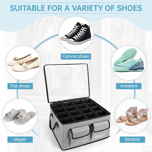 ITHWIU Shoe Storage Organizer for Closet, Fits 16 Pairs, Shoe Bin Storage Containers Foldable with Transparent Cover & Reinforced Handlesfor Shoes, Space Saving Shoes Holder, Gray