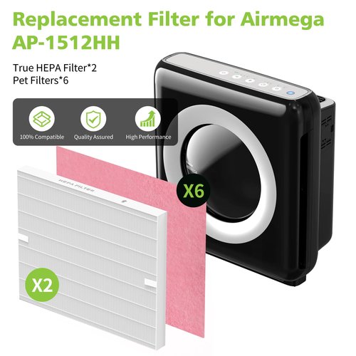 AP-1512HH & 200M Pet Filter Set for Coway Airmega AP-1512HH and Airmega 200M Air Purifi-er, 6 Pet Deodorization Filters and 2 True HEPA Filter, 8 Pack, Compared to Part #3304899