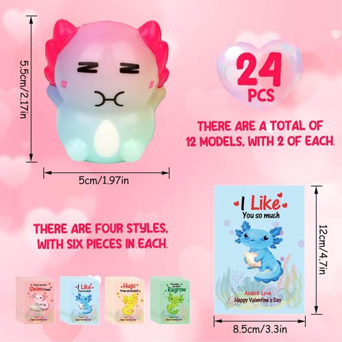 MINYSIC 24PCS Axolotl Mochi Squishy Toys for Classroom, Gifts for Kids with Exchange Cards, Classroom Party Favors for Boys and Girls, Funny Stress Relief Toys