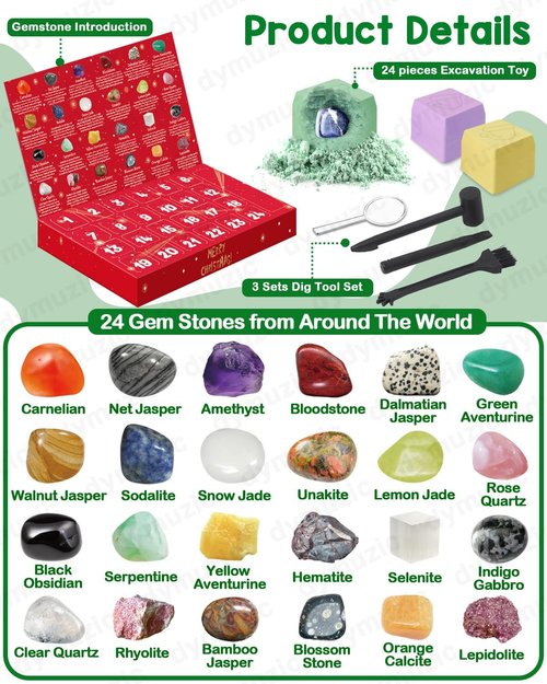 Gemstone Dig Kit Advent Calendar 2025 - Uncover 24 Real Gemstones, Rocks & Crystals | Perfect Gift for Kids
