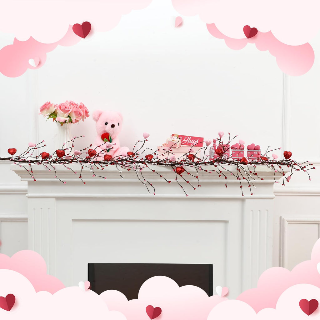 Yuxung Valentine's Day Glitter Garland with 30 Fairy Lights 4.5ft Pip Berry Cherry Blossom Garland LED Christmas Lights for Valentine's Day Wedding Party (Red, Pink)