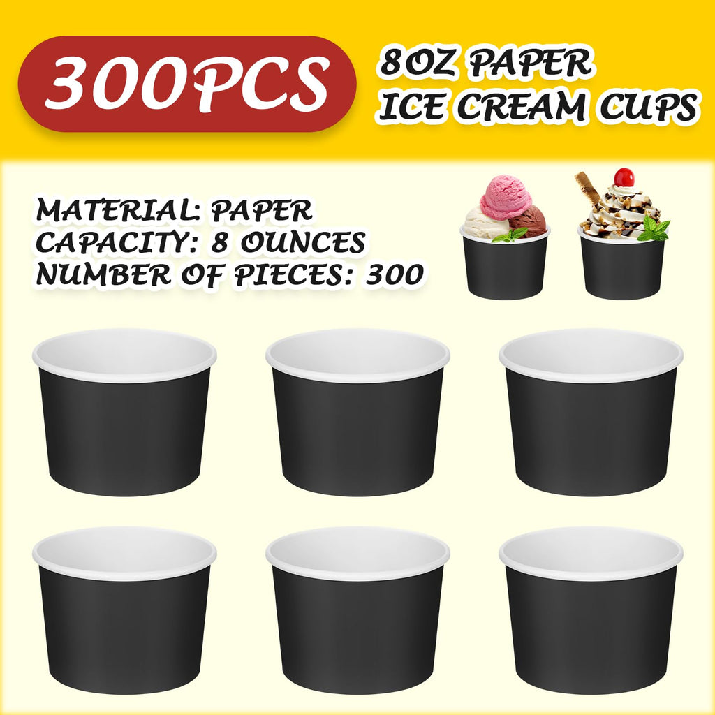 Nuenen 8 oz Summer Ice Cream Paper Cups Bulk Disposable Dessert Cups Solid Color Paper Dessert Bowls for Snack Sundae Spring Party Favors Ice Cream Bar Supplies(Black,300 Pcs)