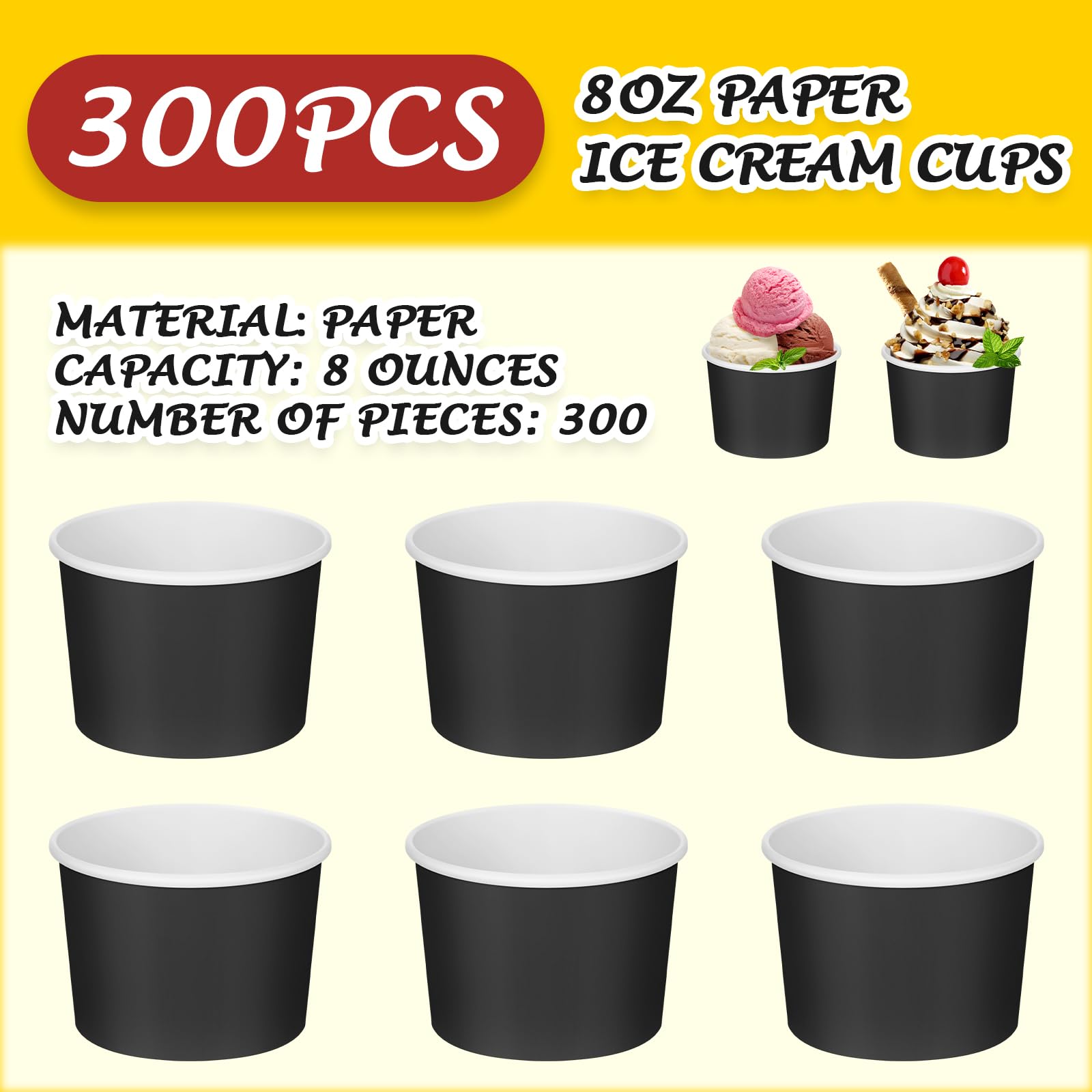 Nuenen 8 oz Summer Ice Cream Paper Cups Bulk Disposable Dessert Cups Solid Color Paper Dessert Bowls for Snack Sundae Spring Party Favors Ice Cream Bar Supplies(Black,300 Pcs)