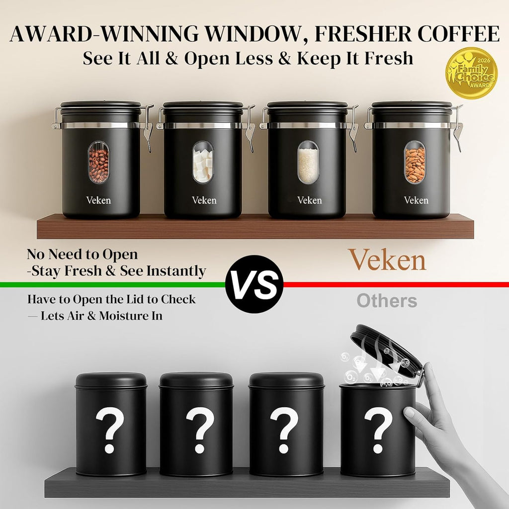 Veken Coffee Canister - Airtight Stainless Steel Food Storage Container with Window & Date Tracker | 16oz Black