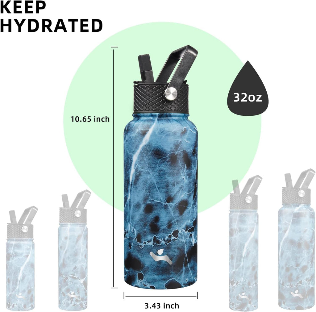 Skiennix 32 oz Insulated Stainless Steel Water Bottle - Marble Ocean Finish with 3 Lids