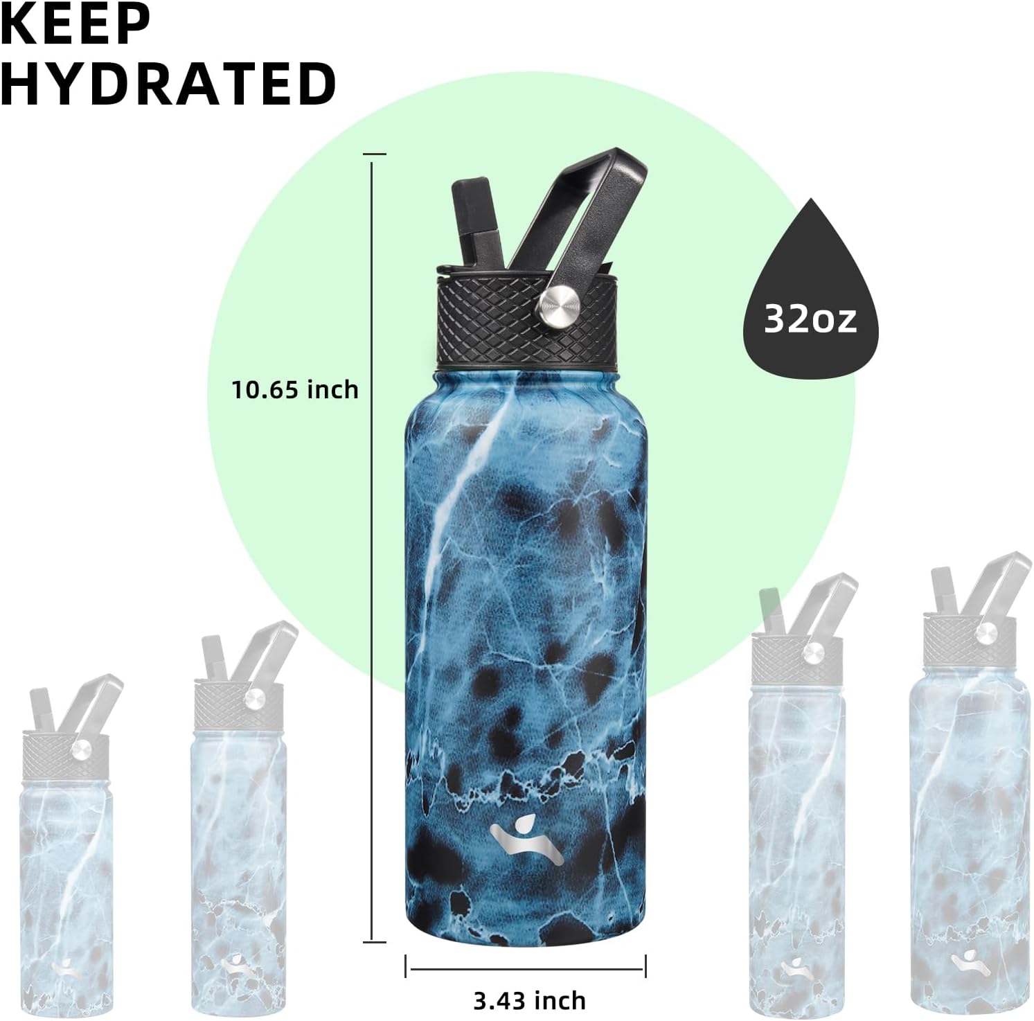 Skiennix 32 oz Insulated Stainless Steel Water Bottle - Marble Ocean Finish with 3 Lids