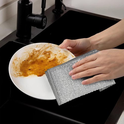 PRINKROOMY Double-Layer Steel Wire Cleaning Cloth - Non-Scratch Wire Dishcloth Rag Heavy Duty Scrub Pads Multi-Purpose Silver Mesh Scouring Pads for Dishes, Pots, Pans (10 pcs)