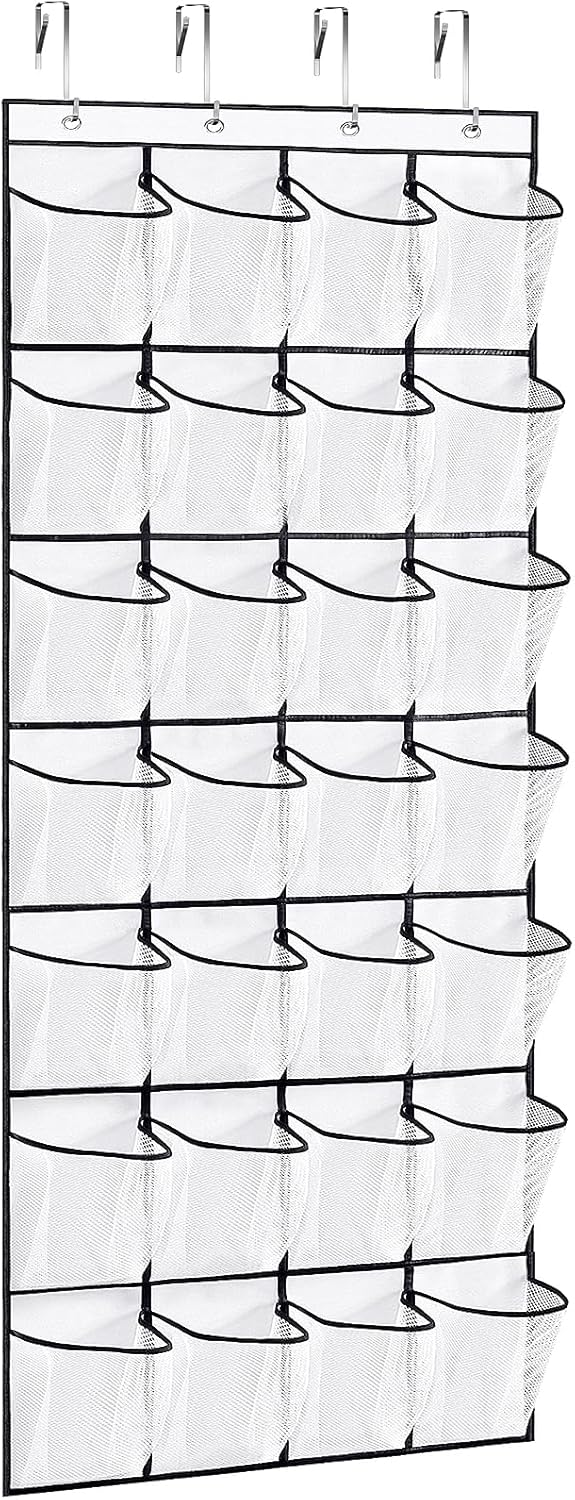 VOPTON Over The Door Shoe Organizer - 28 Large Pockets, Premium Clear Storage Rack, White