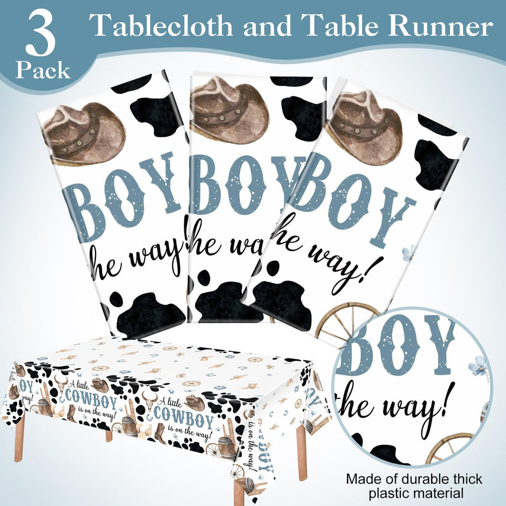 Ganeen 3 Pcs Western Cowboy Party Decorations Cowboy Tablecloth Disposable Plastic Table Cover Waterproof Tablecloth for Western Rodeo Baby Shower Birthday Party Decor, 54 x 108 Inch
